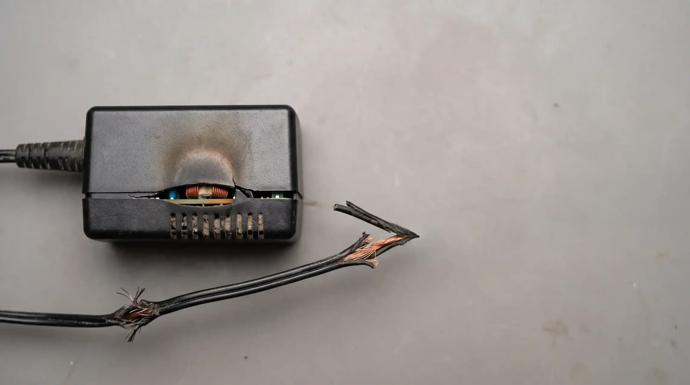 A burnt black power adaptor with exposed internal components and a frayed, damaged cable on a plain grey surface.